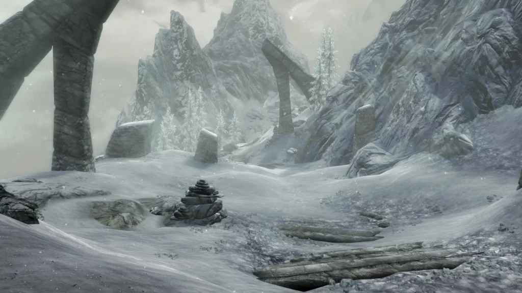 Snow capped mountain and ruines. Skyrim